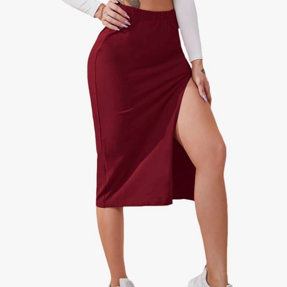 VERDUSA BURGUNDY MIDI BODYCON SKIRT HIGH WAIST SLIT SIZE L